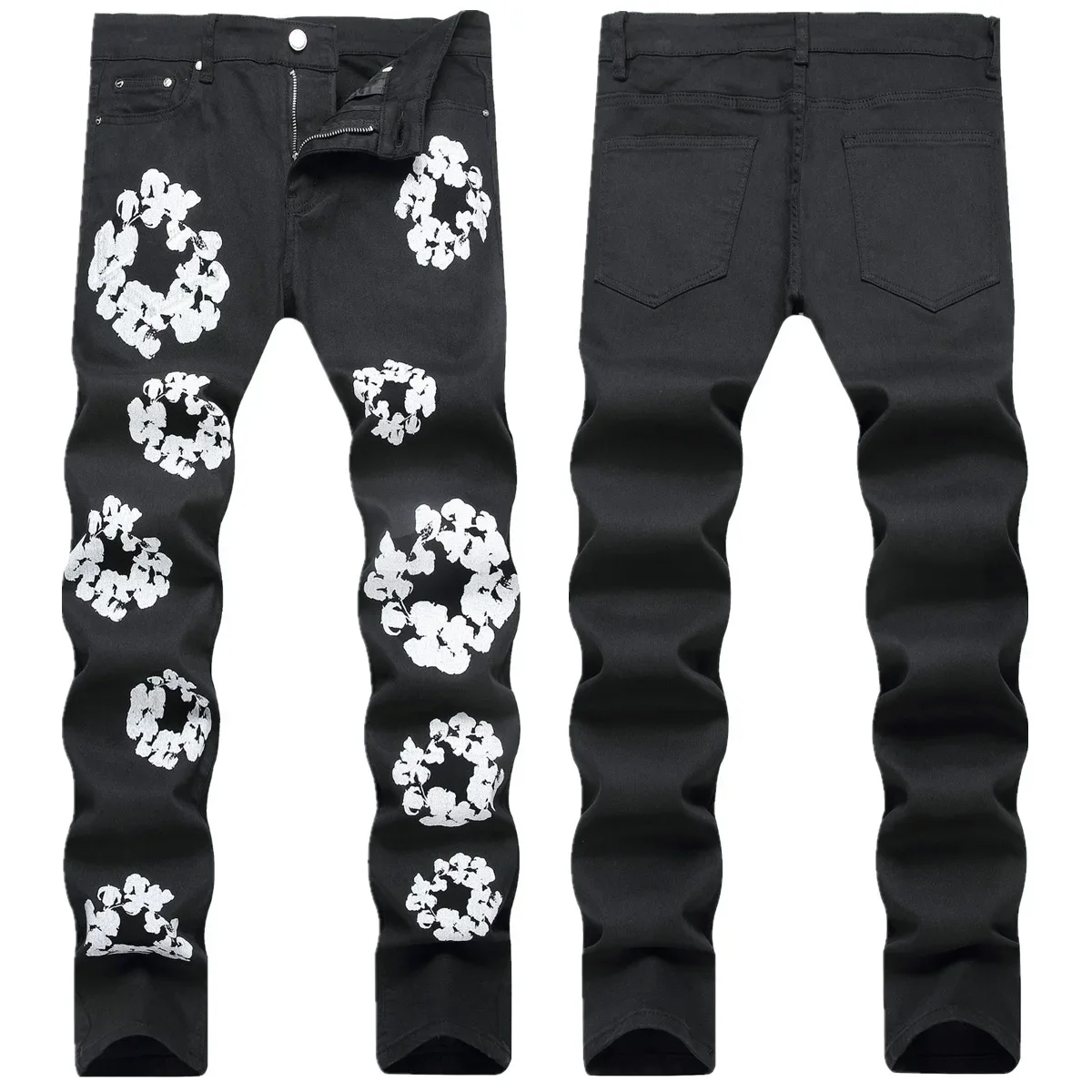

chareiharper plus size 1322 Men's black jeans printed stretch slim feet mid-waist casual denim pants