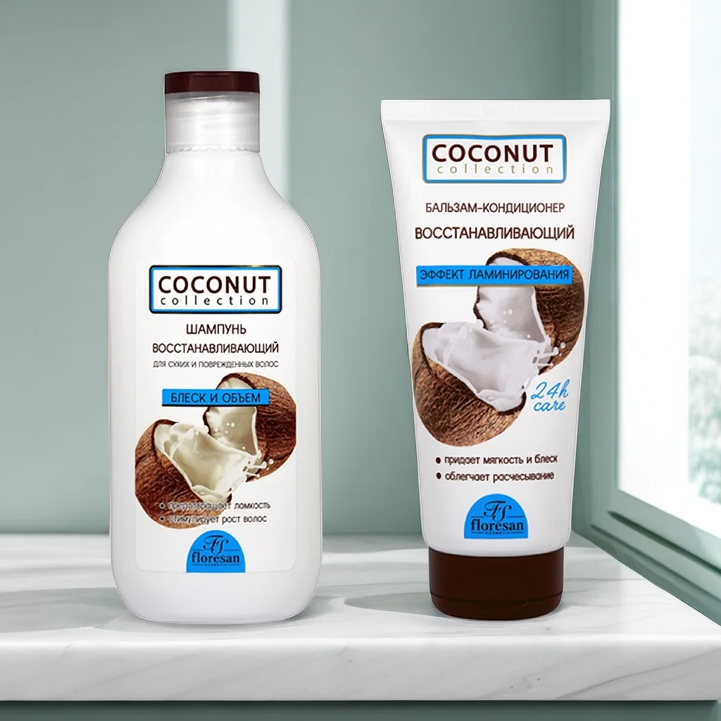 

Русский дуэт из кокосовых волос FLORESAN — разглаживающий и контроль жирности без силикона для объема без вьющихся волос
