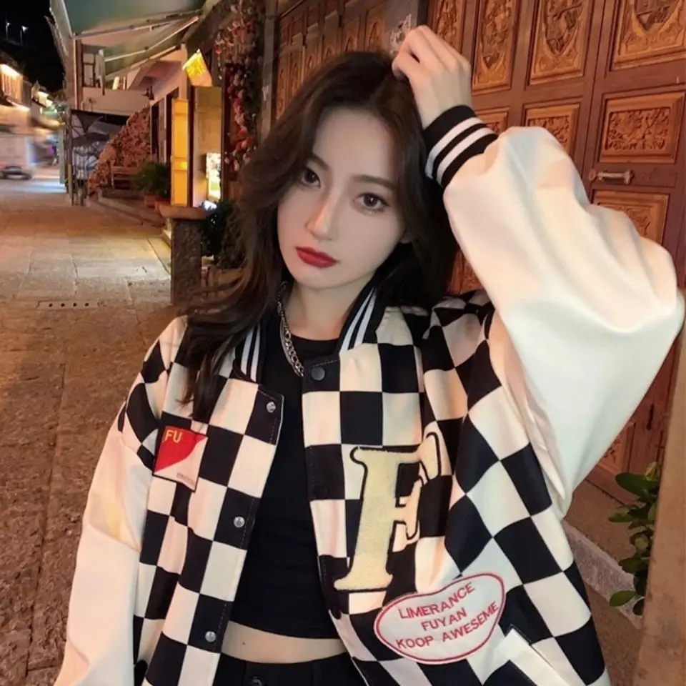 

Web celebrity American vintage high street checkerboard baseball uniform coat more women in the spring autumn ins jacket winter