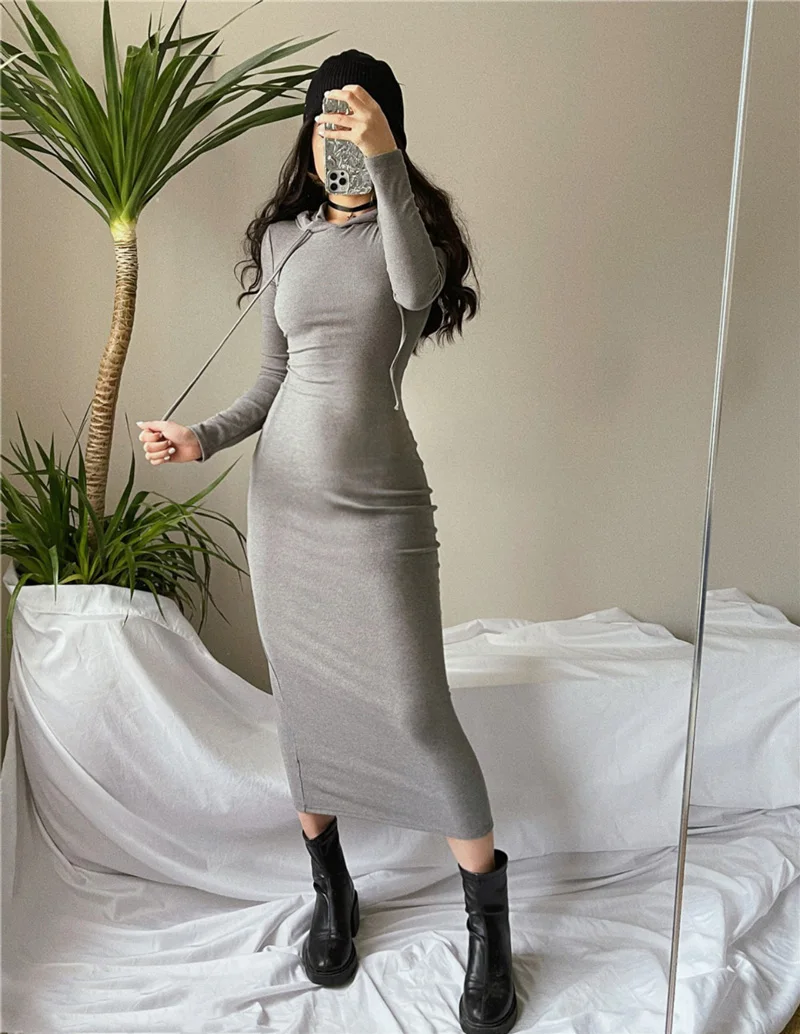 Women Sexy Hooded Jersey Midi Dress Fitted Midi Dress