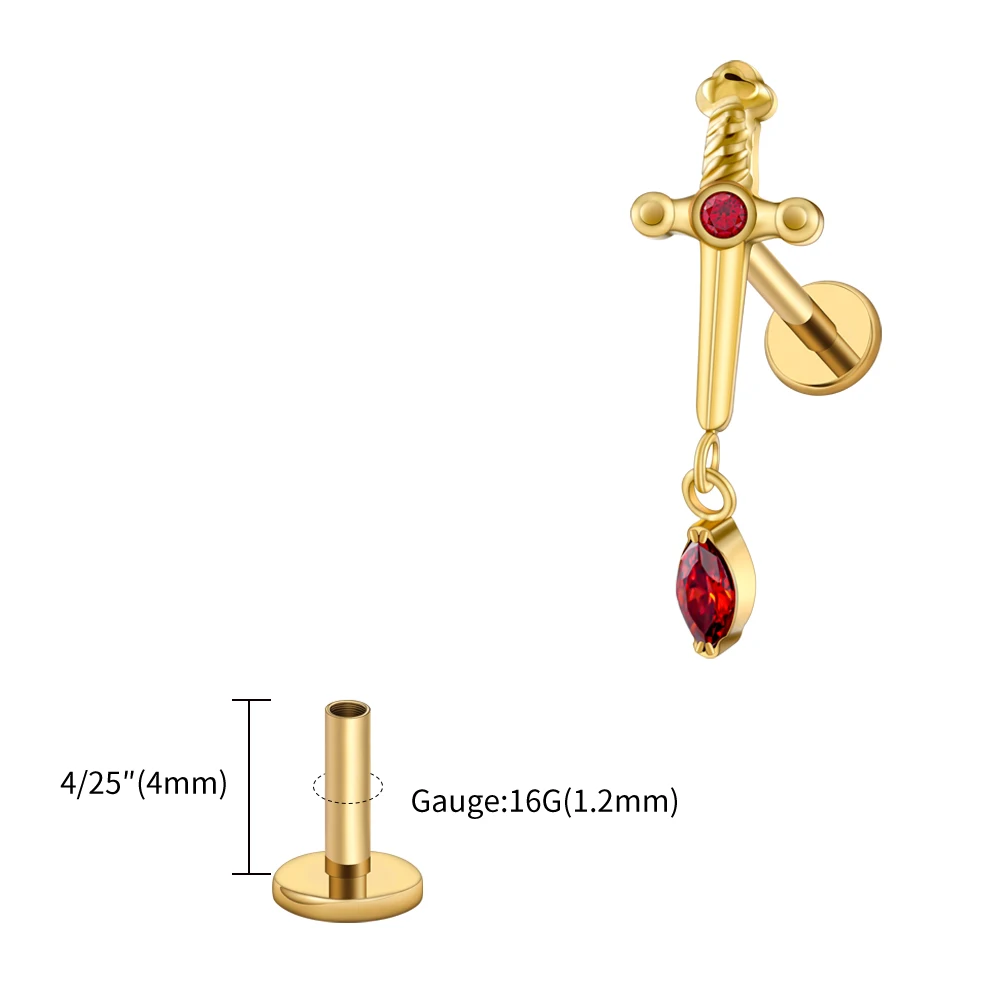 アクセサリー A&G Dagger Pierce Right Grand ASTM F136 Titanium 16G Marquise CZ Dangle Dagger Flat