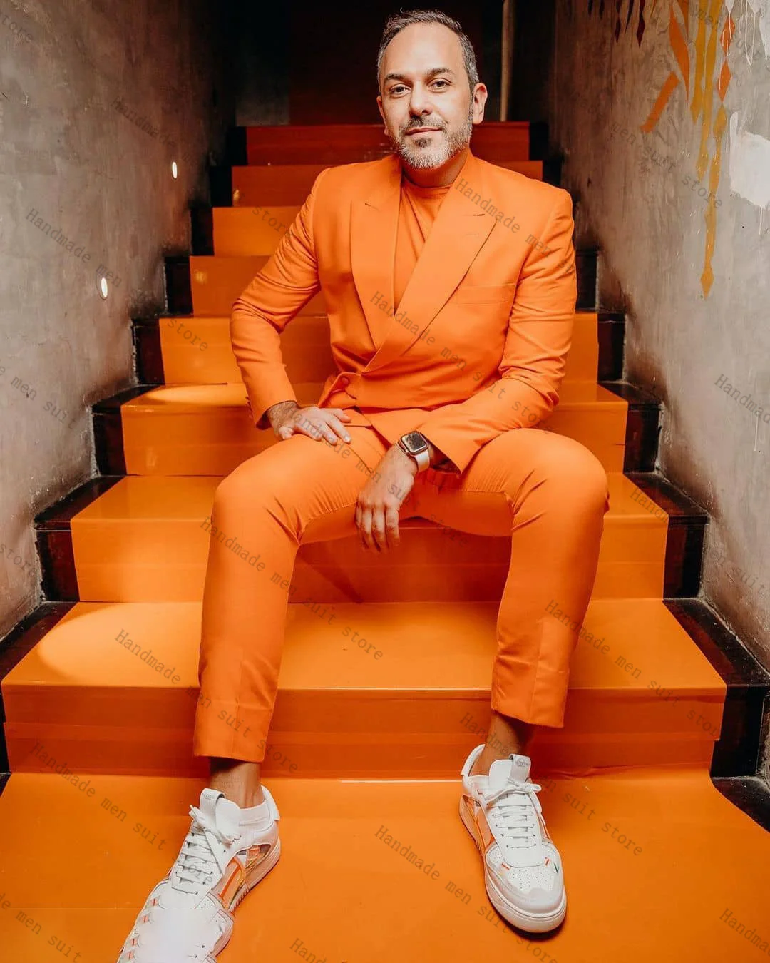 

Orange Men Suits 2 Piece Belted Blazer+Cotton Pants Fashion Wedding Tuxedo Coat Customized Formal Office Jacket Trousers