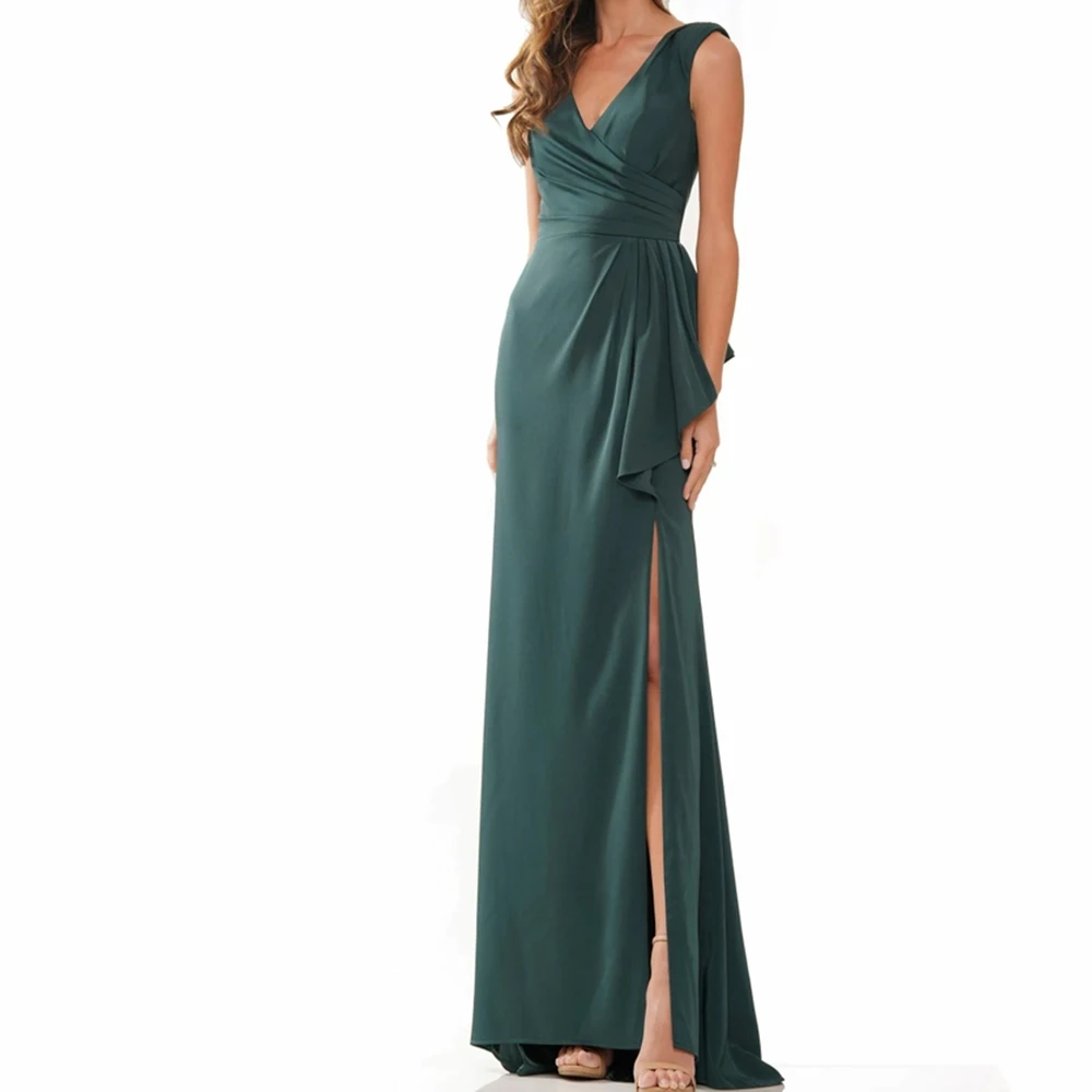 

Green Jersey Formal V Neck Sleeveless Straight Zipper Back Floor Length Ruffles Classic Elegant Evening Party Dress Woman