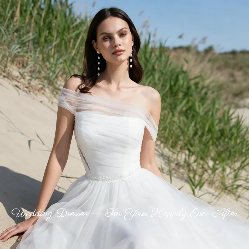 Boho A Line Wedding Dress Off Shoulder Tulle Gown Side Slit Outdoor Bridal Sweep Train Vestidos De Novia Customized