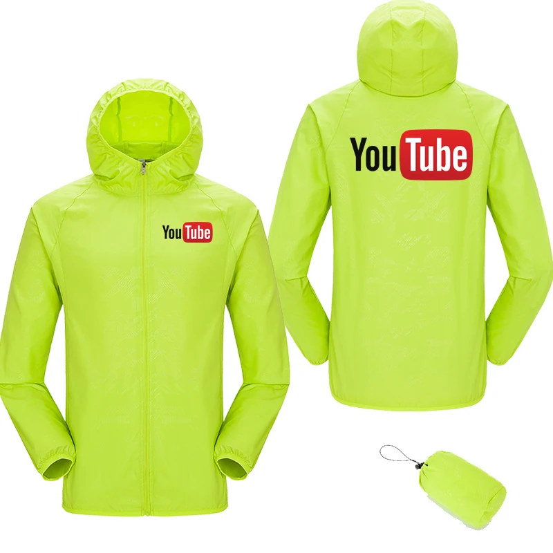 Chaqueta de protección solar impermeable para hombre y mujer, cortavientos con capucha y cremallera, ultraligera, ideal para ciclismo en la playa, Youtube