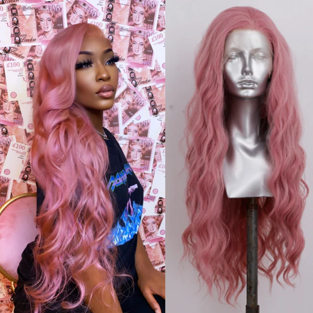 

Pink Synthetic Lace Front Wigs For Women Free Part WavyLong Wig Pre Plucked Glueless Natural Hairline Wig Daily Wear Wigs