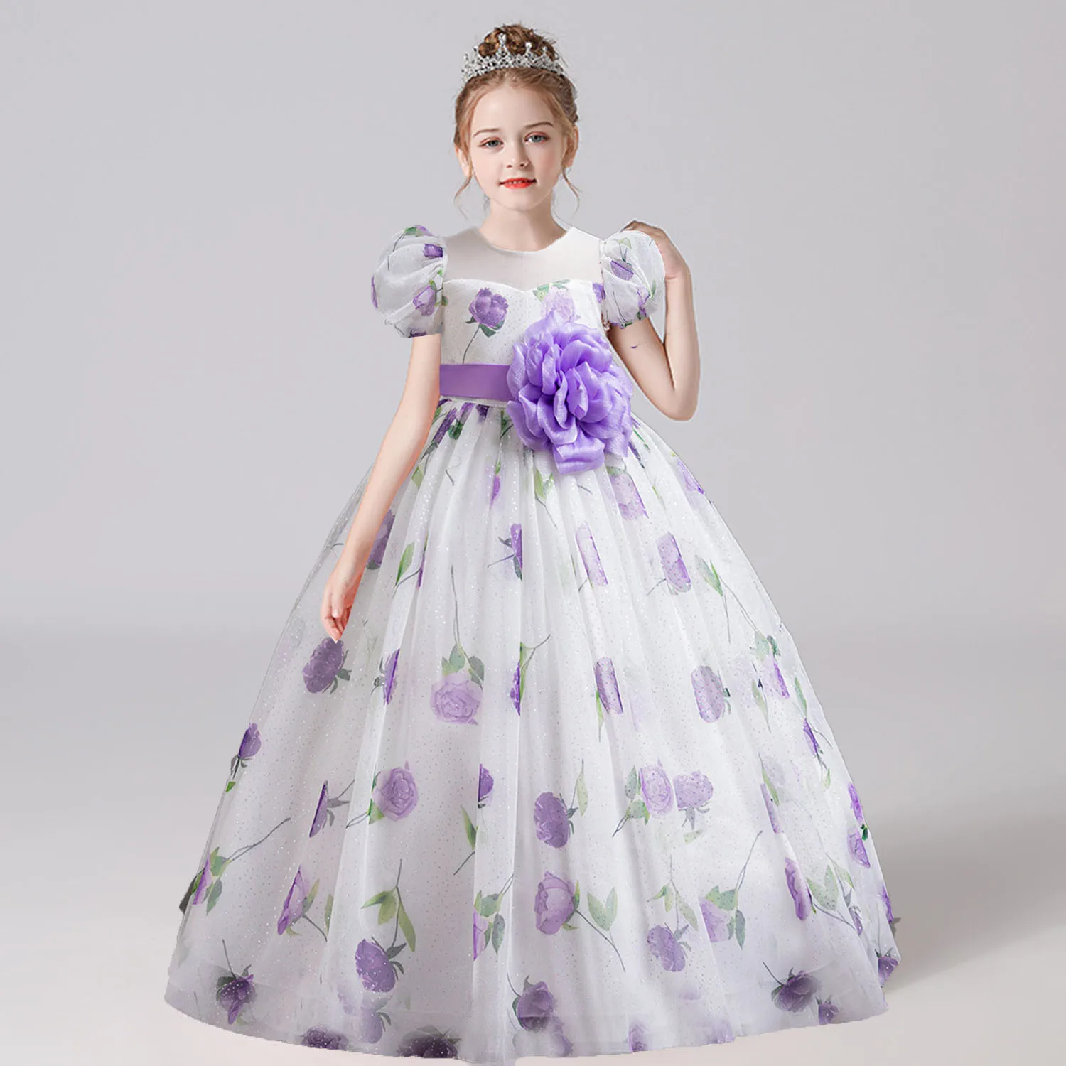 

Stunning Little Big Girls Puff Sleeves 3D Flower Appliqued Wedding Flower Girl Birthday Party Formal Long Pageant Dance Dress