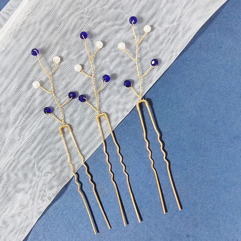 

3 шт., заколки для волос с жемчугом, украшение для волос, U-образная вилка, свадебные аксессуары для волос, заколки для волос, шпилька синего цвета, расшитая бисером палочка для волос