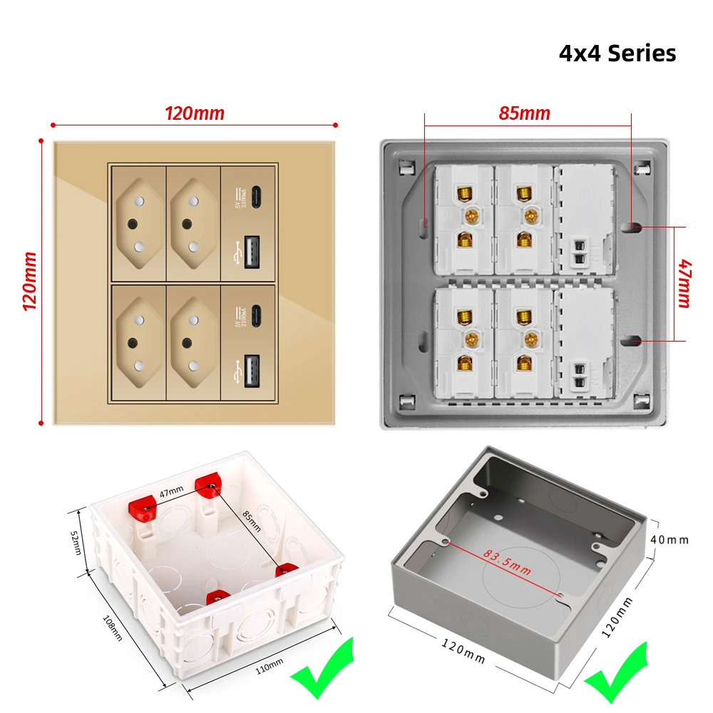 Melery 4x4 nehořlavý sklo panel brazílie předpis vývod dvojitý USB typ C zeď energie nástrčkový lehký spínač úřad zlatý 10A 20A