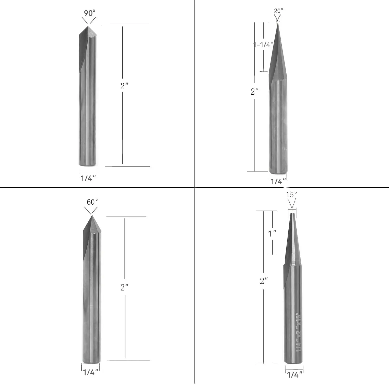 Engraving CNC Wood Carving Router Bit Set - 4pcs - Solid Carbide - 1/4” Shanks - 15° 20° 60° 90° V Groove Bit