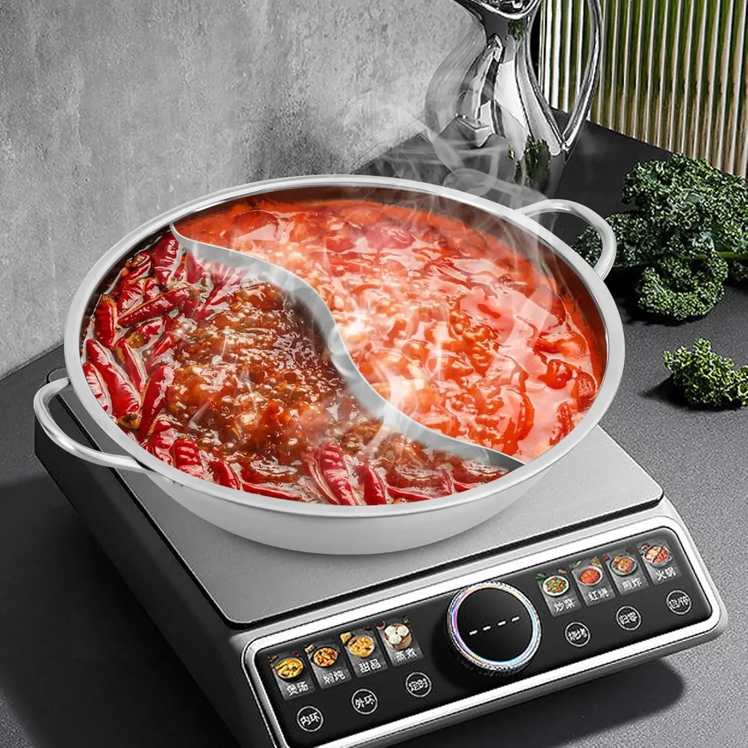 34cm Stainless Steel Dual Shabu Shabu, Kitchen Hot Pot Cooking Soup Divider Shabu Pot Cookware Stainless Steel with Lid