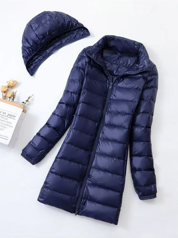 Frauen Kapuze abnehmbare Winter Puffer Jacken ultraleichte Kapuze Enten Daunen Mäntel Mode Büro Dame lange Feder Parkas 7xl