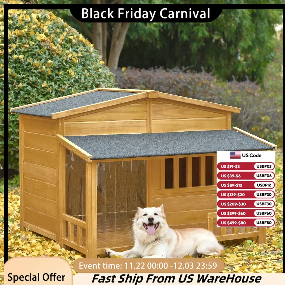 Wooden Dog House, Outdoor & Indoor Dog Crate, Pet Kennel With Porch, Solid Wood, Weatherproof,  Medium, Nature,Dog Supplies