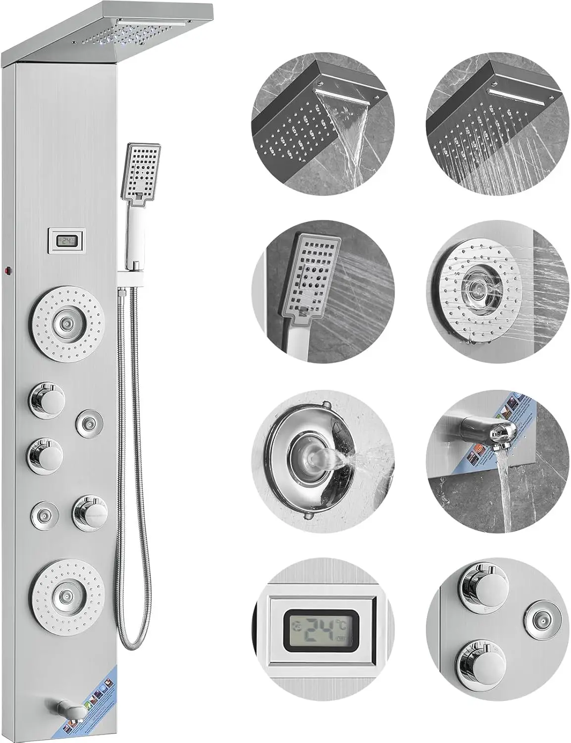 

Shower Panel System, 6 Shower Modes, LED & Display Shower Panel Tower, Rainfall, Waterfall, 4 Body Massage Jets