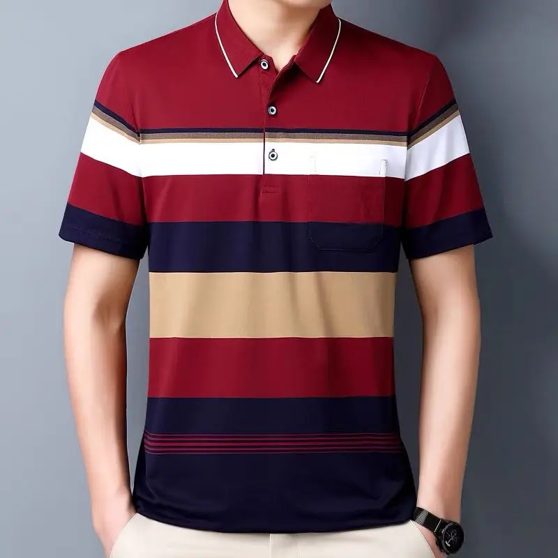 

Men's Short-sleeved T-shirt Dad's Lapel with Pocket Cotton Polo Shirt Middle-aged and Elderly Casual Loose Top