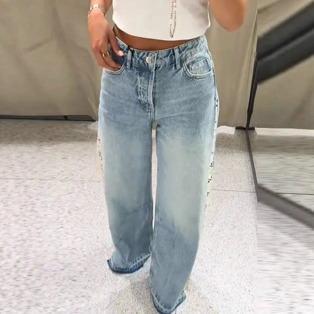 ハイウエストワイドレッグウォッシュドブルーパンツ レディース レースホローアウトパッチワークジーンズパンツ ロングトラウザーズ レディース 秋 ヴィンテージデニムパンツ