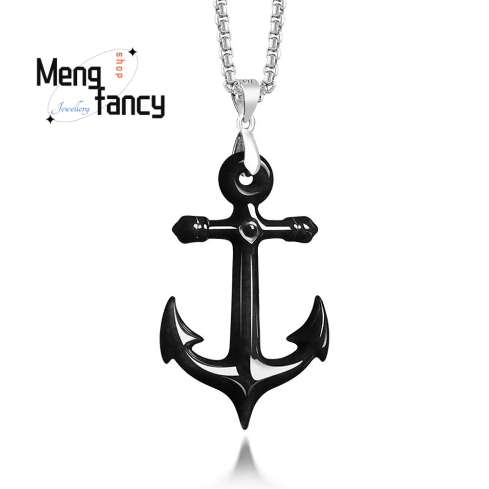 

Original Natural Burmese A-grade Jadeite Black Jade Anchor Pendant S925 Silver Buckle Retro Personalized Accessory Fine Jewelry