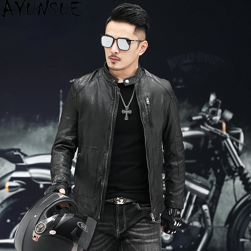 AYUNSUE Lining 70% Cotton Leather Jacket Men Clothing Harley Motorcycle Jacket Handsome Standing Three Colors Casaca De Cuero