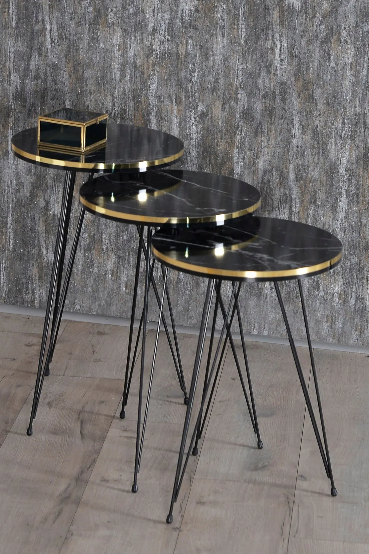 Modern Nelling Table 3 Pieces Patterned Black Wire Metal Leg De Monte Side Table Tea Coffee Service Table Round Living Room Beds