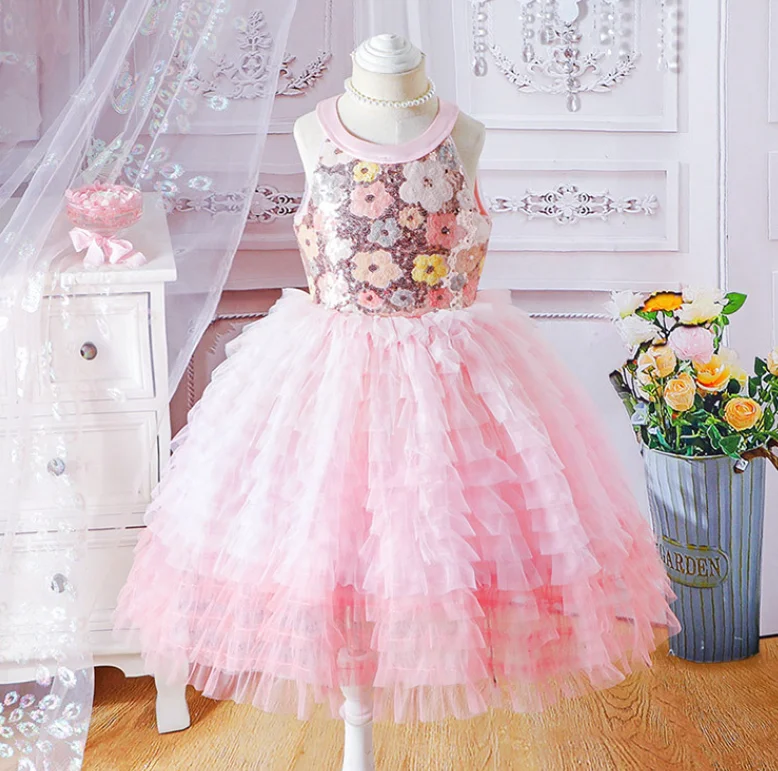 

New Baby Summer Girls Pink Sequined Mesh Flower Dress, Princess Kids Fashion Party Dresses 4-7T