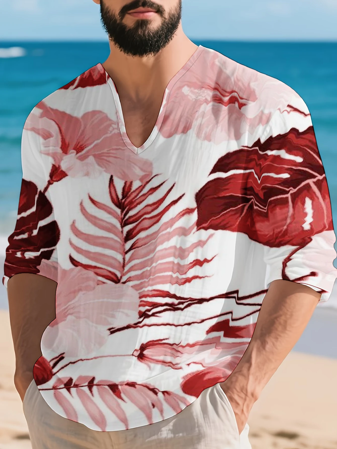 Plus Size Men's Hawaiian Shirt Tropical Leaf Print V Neck 3/4 Sleeve Casual Breathable Beach Tunic for Summer Vacation Daily Top