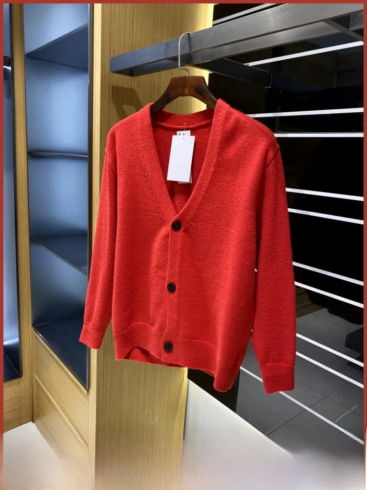 

V-Ne Open Cardigan Men's Faionable Knitted Sweater Red Color Autumn Winter New Arrival Thiened Long Sve