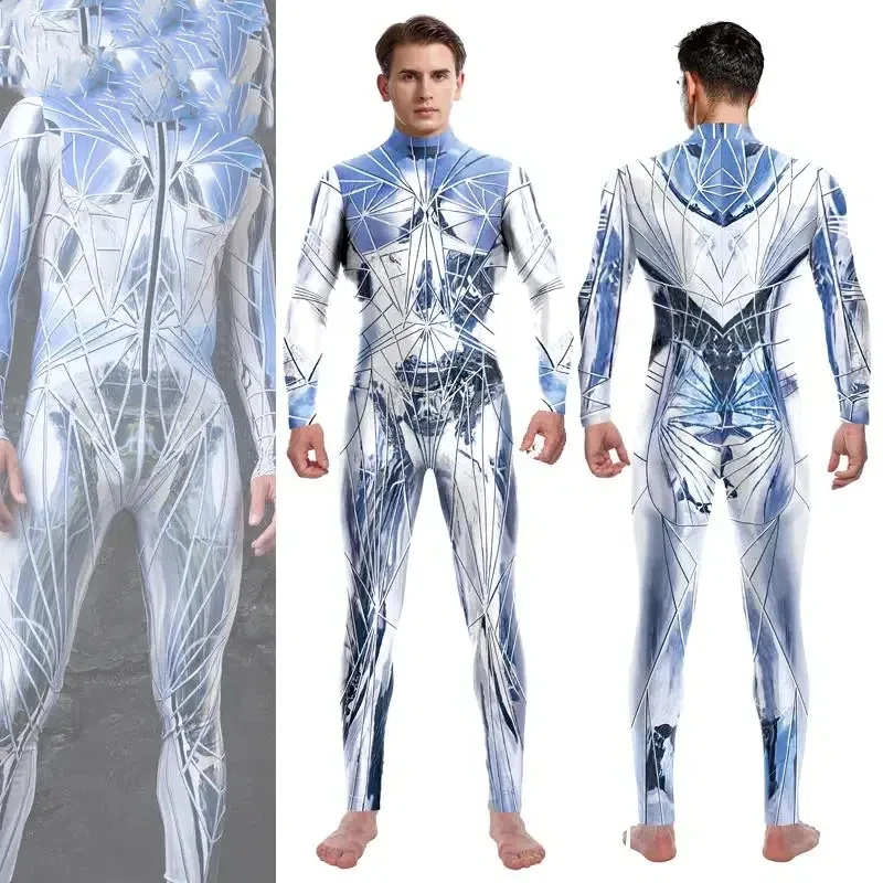 

Halloween Couple Sexy Tights Reflective Pattern Silver Alien Jumpsuit Men's Bodysuit Women's Zipper Back Cosplay Costume Party