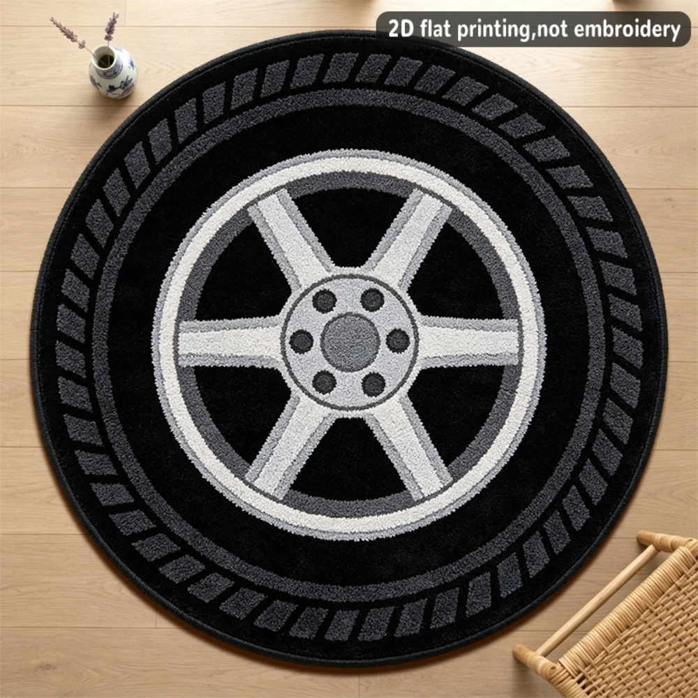 Black Car Tire Wheel Circle Rug Bedroom Kitchen Coffee Table Home Decor Entrance Hallway Sofa Side Area Carpet Doormat Rug