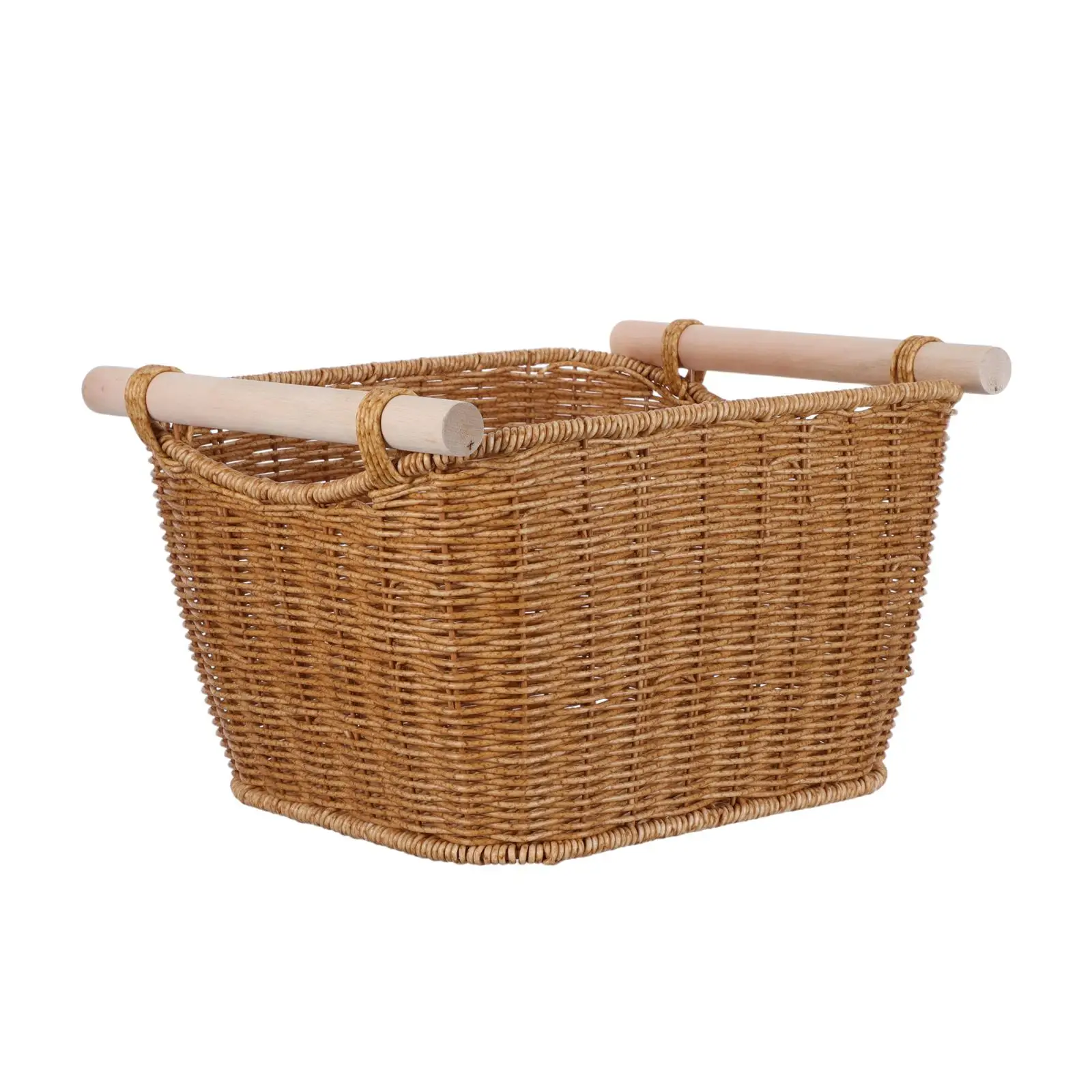 

Handwoven Imitation Rattan Storage Basket Simple Rattan-Style Wooden Handle Desktop Storage Baskets For Organizing Office Home
