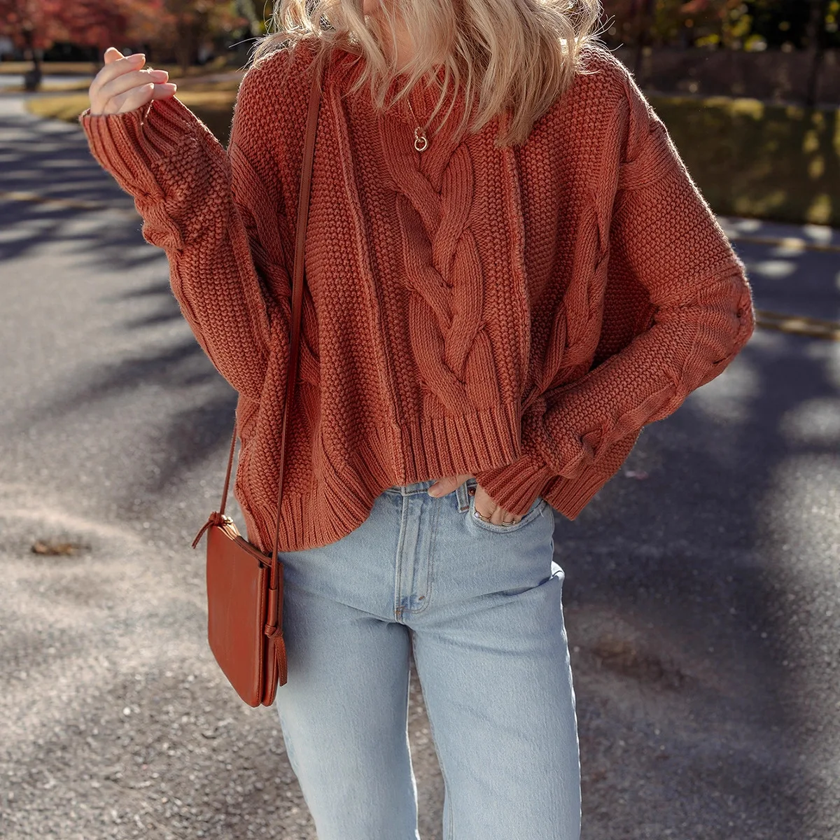 

Винтажный вязаный женский свитер, пуловер, осень-зима, коричневый, с круглым вырезом и v-образным вырезом, теплый повседневный женский трикотаж с длинными рукавами, новый топ