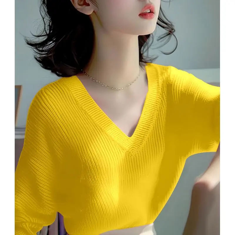 Flattering Screw Thread V-Neck Solid Color Sweater Knitted Women's Clothing Casual Pullover Fashionable Autumn Winter Tops