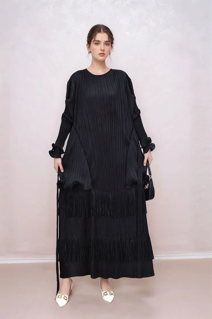 Women's Pleated Maxi Dress with Tiered Ruffle Hem Long Sleeve Boho Evening Gown Pleated Dress Birthday Dress for Women