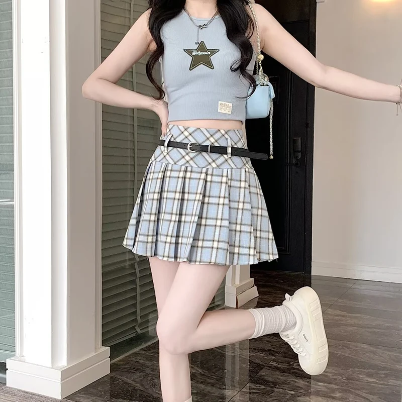 

Harajuku Mini Skirt Femme Fashion 2024 Summer Skirts Women Patchwork A-line High Waist Preppy Plaid Pleated Gothic Skirt Woman