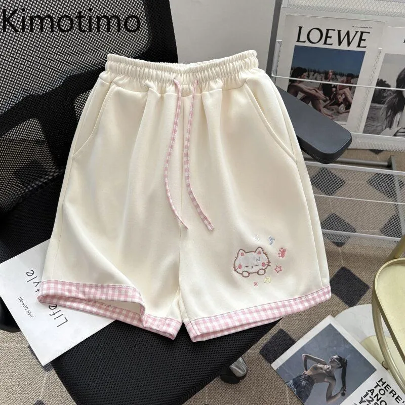 

Шорты Kimotimo с вышивкой в виде милых котиков, в стиле пэчворк, в клетку, женские, в японском стиле Y2K, с эластичной талией, свободные, широкие, уличная мода