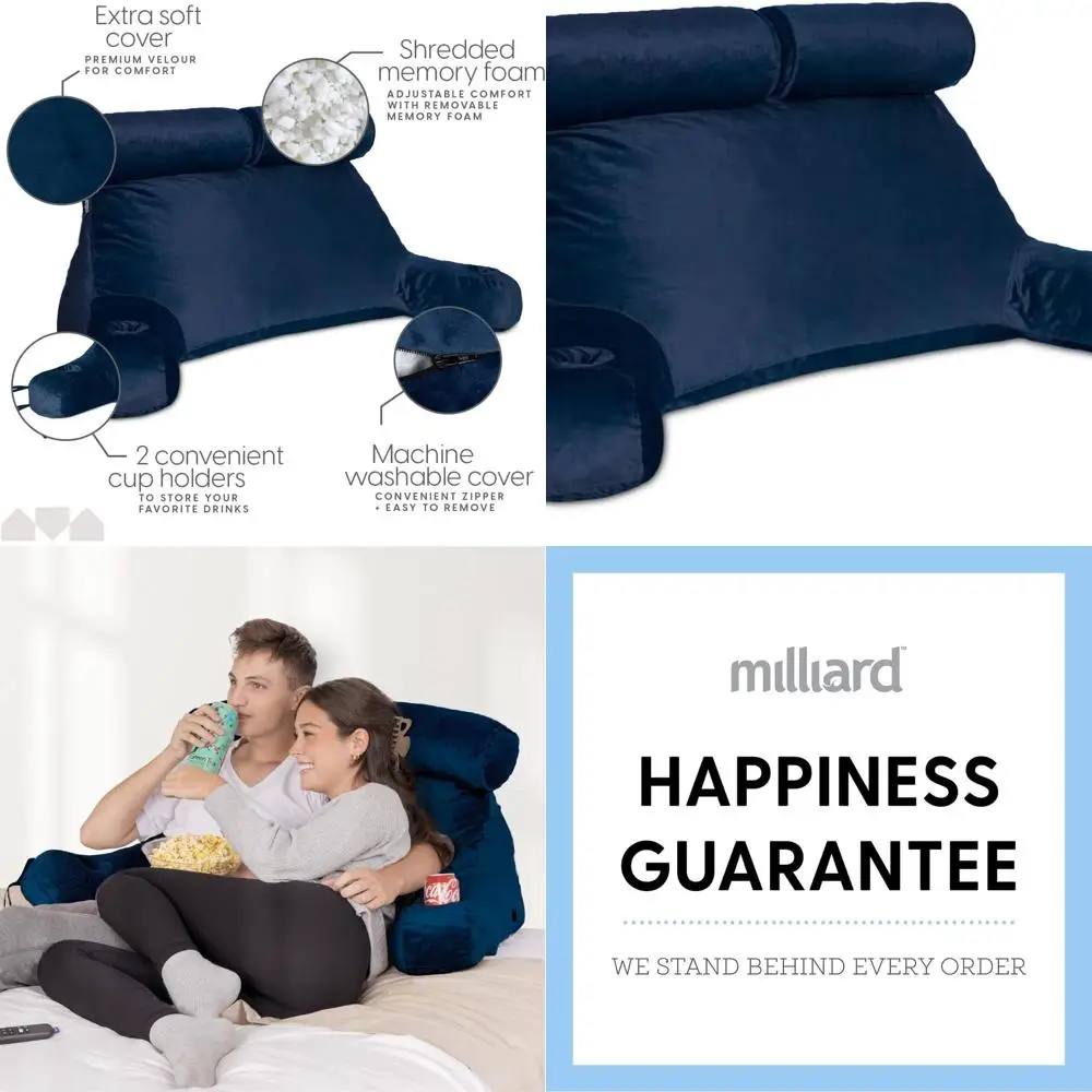 

Memory Foam Double Reading Pillow - Navy Blue, Ideal for Books and Gaming, Removable Cover