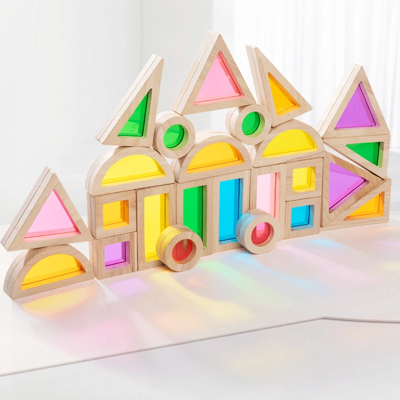 Wooden Rainbow Building Blocks, Acrylic Translucent Building Blocks, Baby Creative Building, Stacked High Building Blocks, DIY B