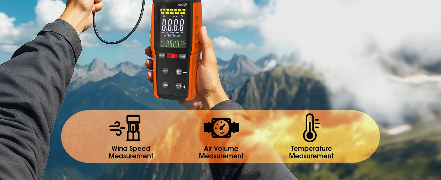 Digitales Anemometer, Windgeschwindigkeitsmesser, 0,1–30 m/s Luftmengenmesser mit Temperaturanzeige, CFM/CMM CMS, max/min, Typ C, LCD, für HVAC – Detail 3