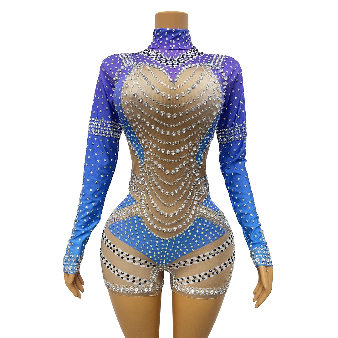 Fashion Design Nude Blue Stretch Rhienstones Rompers Birthday Party Bodysuit Women Singer Performance Jumpsuit Costume wanxia