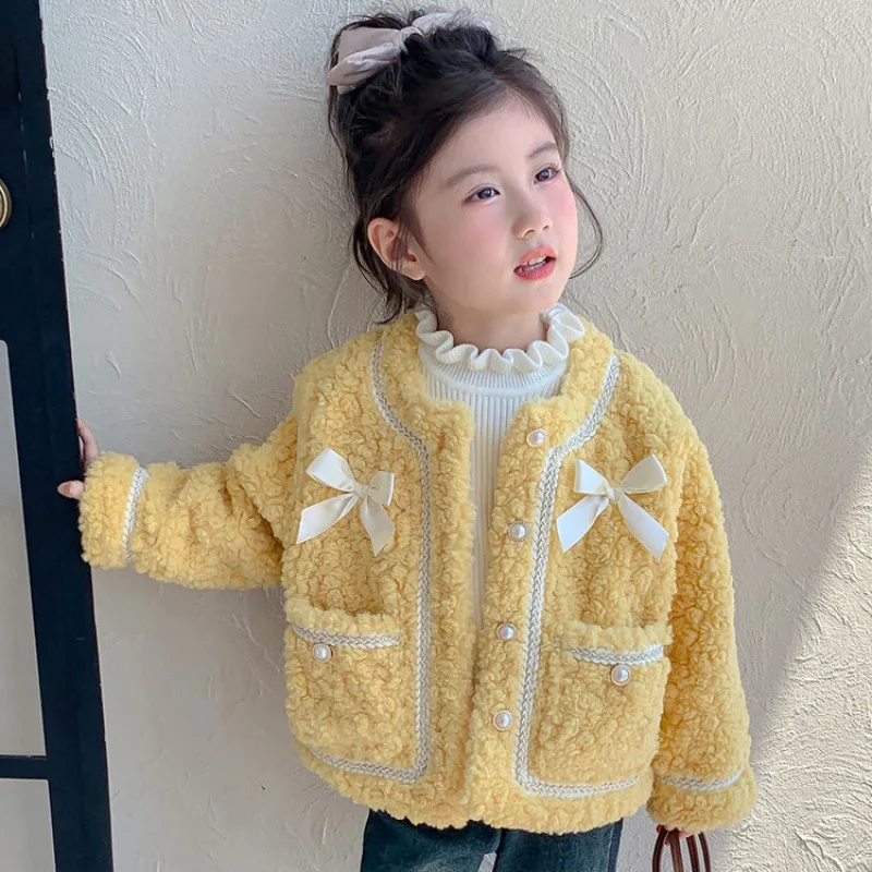 

Осенне-зимнее флисовое пальто из ягненка для девочек, теплое утепленное однотонное пальто, топы с круглым вырезом, новая модная детская одежда, мода