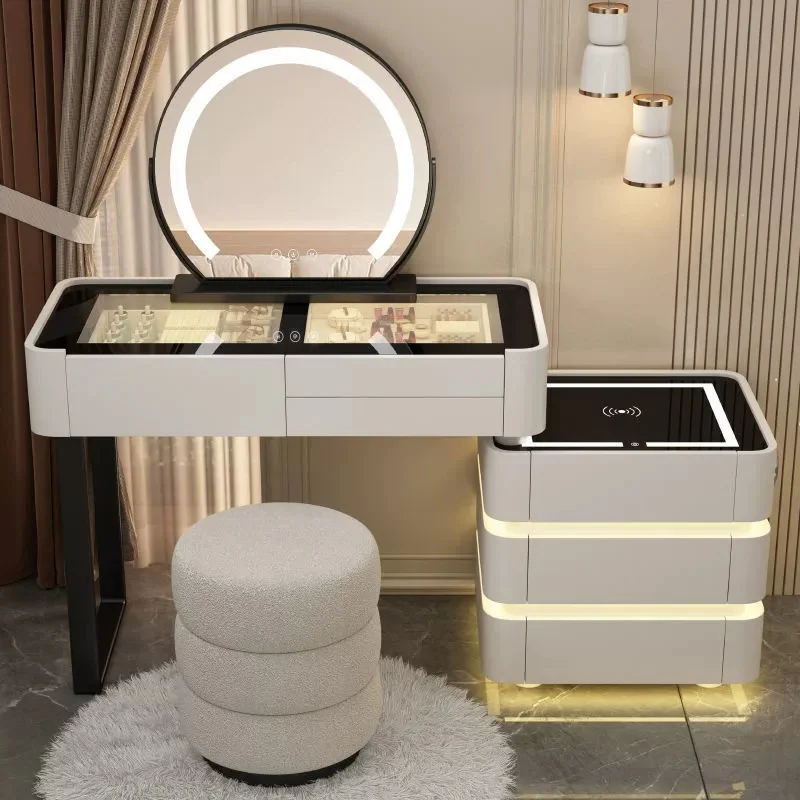 Moderner beleuchteter, verstellbarer und ausziehbarer Schminktisch für das Schlafzimmer mit 3-farbiger LED-Spiegel und intelligenter Glasplatte