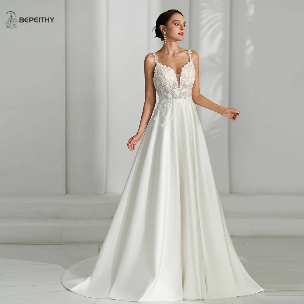 BEPEITHY Ivory Satin A Line Wedding Dresses For Women 2024 Sleeveless Lace Top Vintage Boho Bride New Bridal Gown