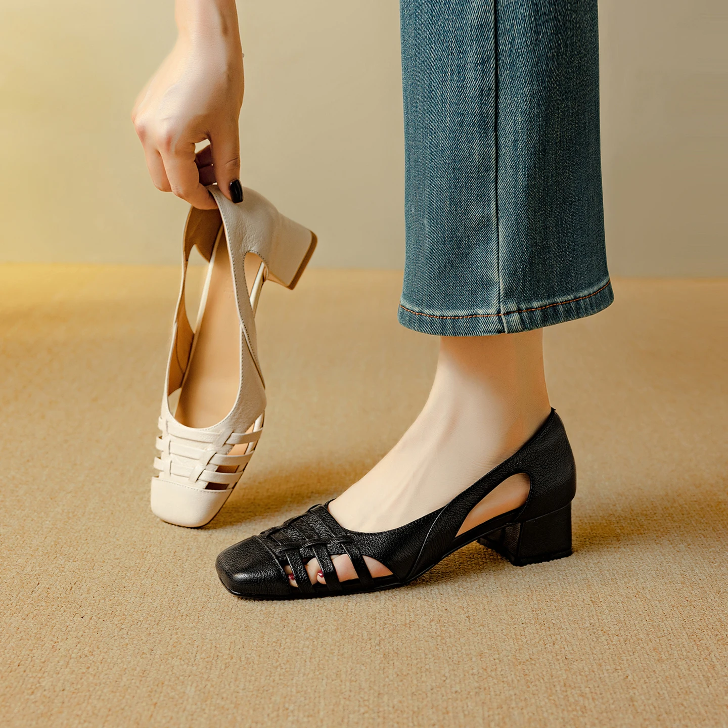 2026 new summer women sandals natural leather plus size 22-25cm sheepskin+pigskin hollow thick heel women shoes fashion