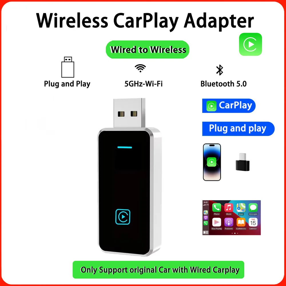 

SKILLDRIVE Wireless Carplay Adapter for Kia Hyundai VW Mazda Volvo Benz Audi Cadillac MG Peugeot Built-in Wired CarPlay Car