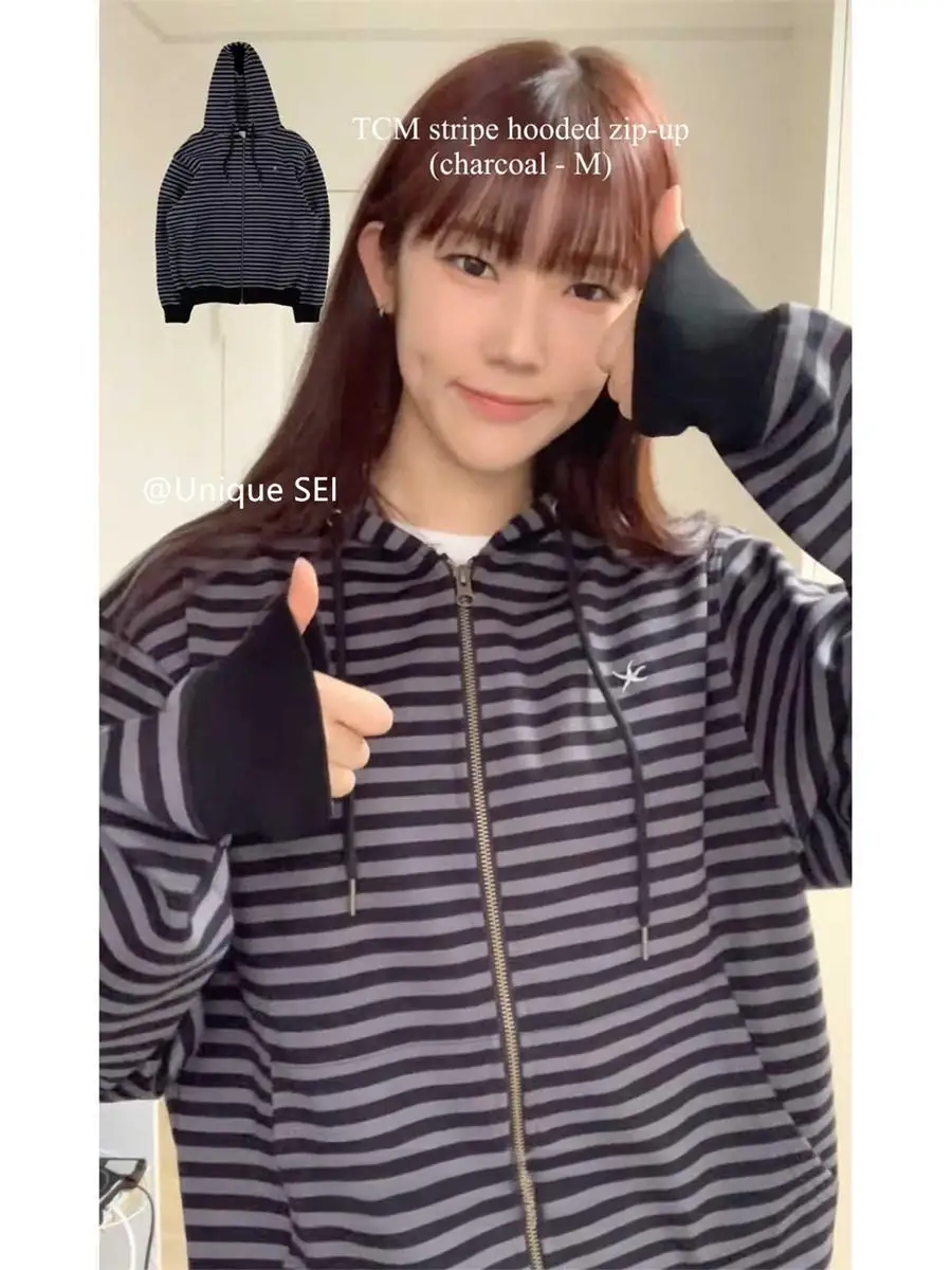 

Осень-зима винтажная толстовка с капюшоном в полоску и двойной молнией в виде морской звезды, женская корейская повседневная свободная уличная одежда, женский топ Y2k