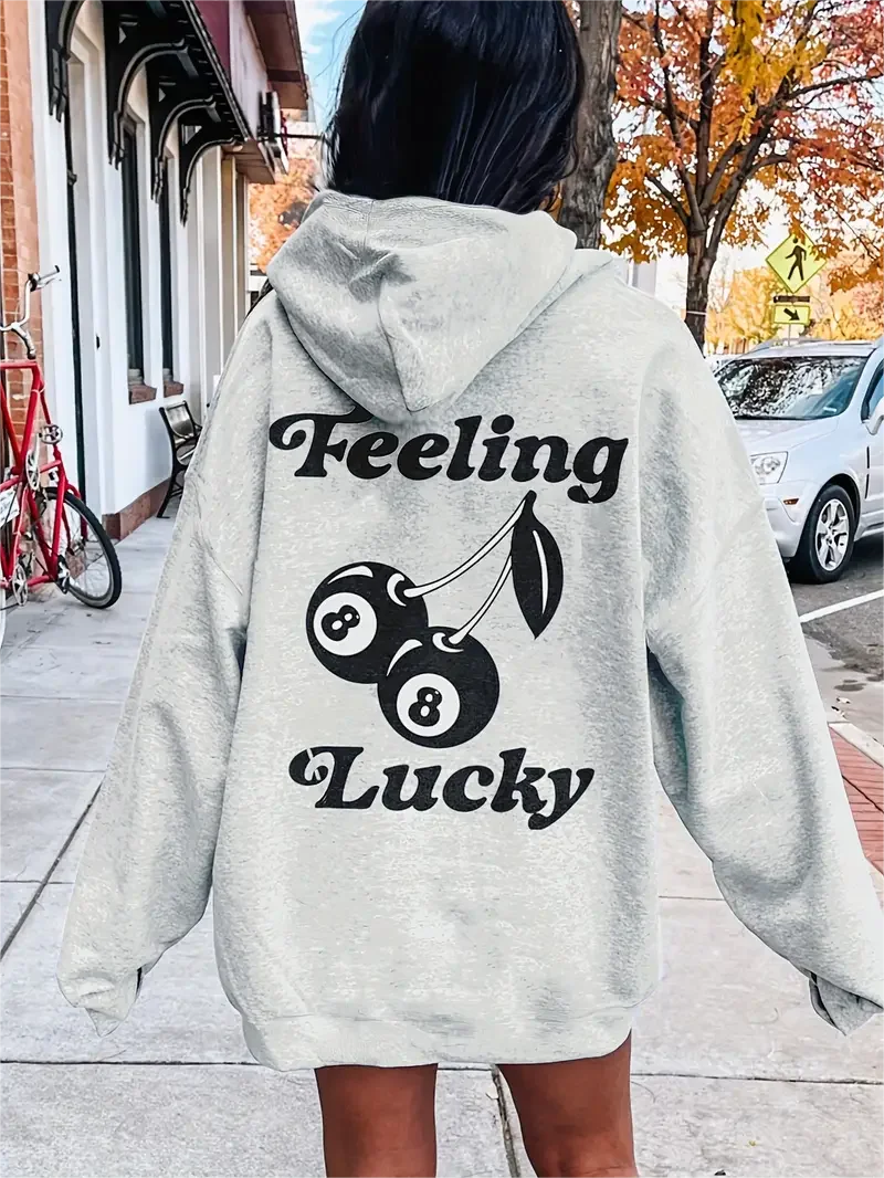 

Feeling 88 Lucky Print Hoodie Casual Hooded Sweatshirt For Winter & Fall Women's Clothing