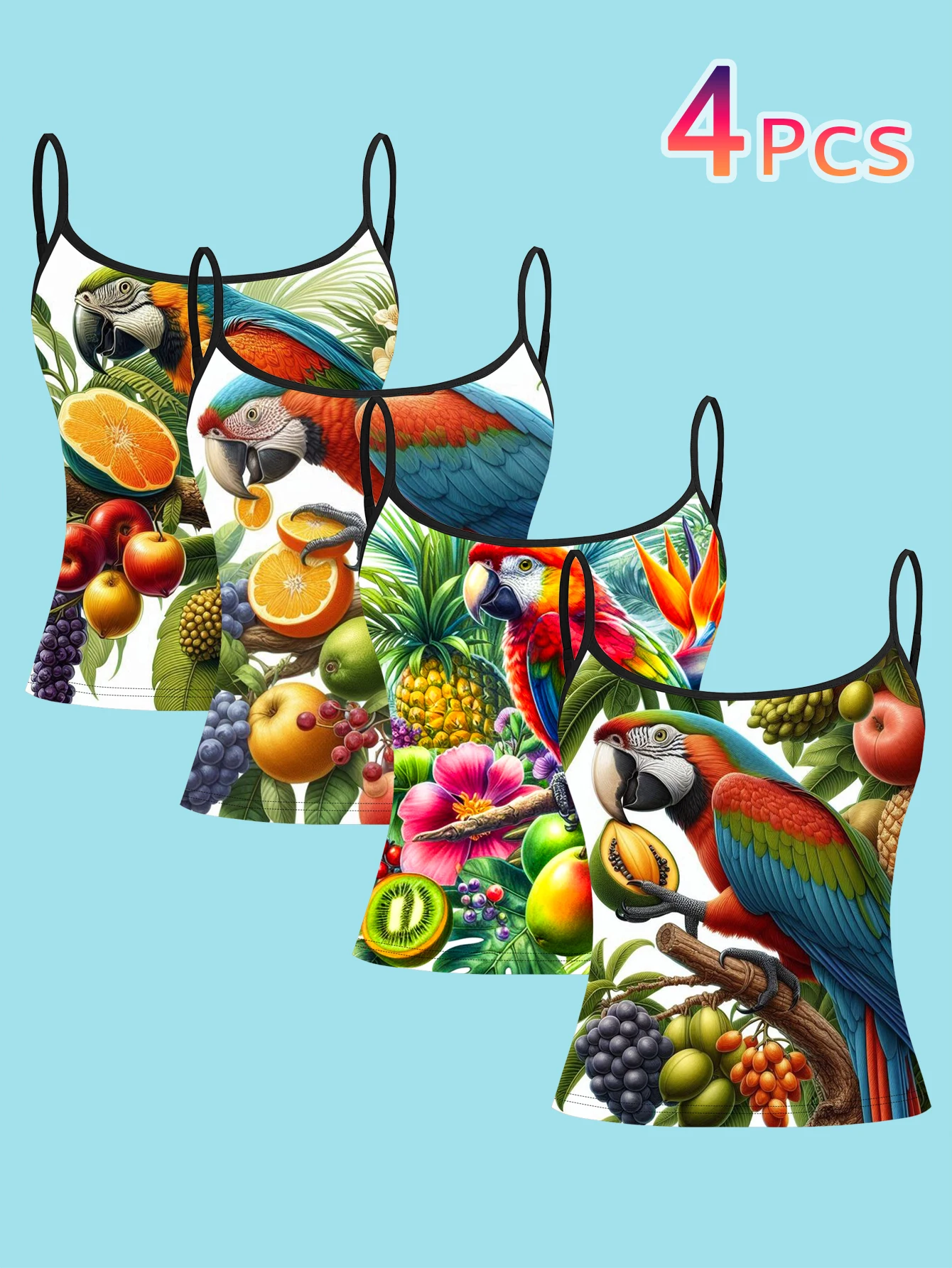 4-Piece Summer Fruit-Themed Sling Set with Orange and Pineapple Parrot Patterns for Women, Slim Fit and Flattering Inner Wear