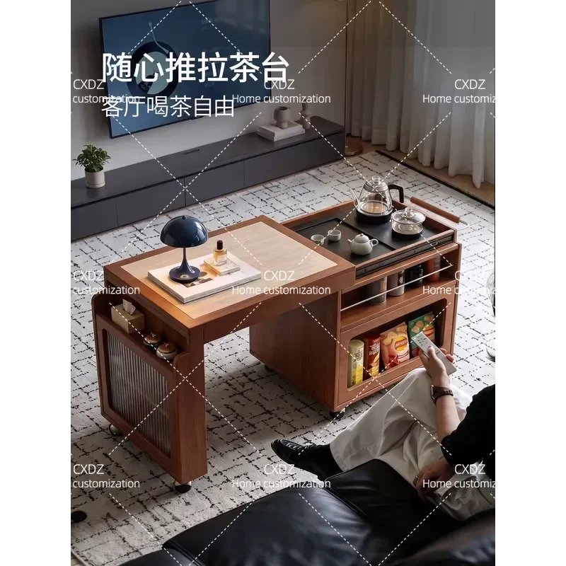 Retractable Coffee Table Tea Table Integrated Solid Wood Mobile Tea Cart for Small Apartment Living Room