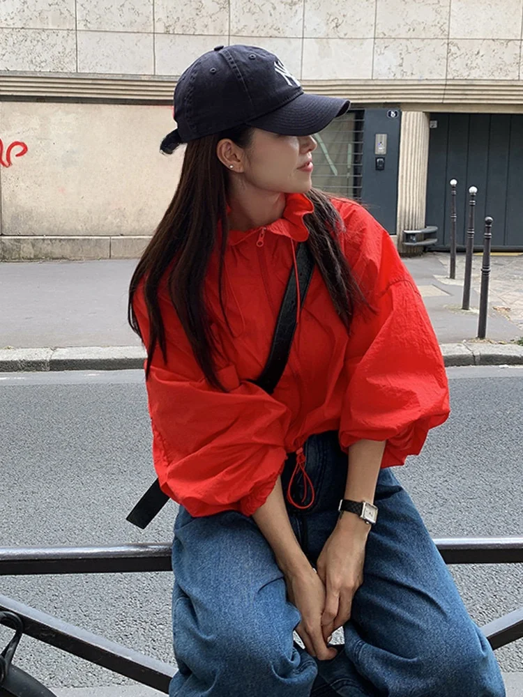 

Chic Dstring Bouffant Collar ort Length Women's Jaet Outerwear Zipper Versatile Slimming Sun Protection Top Polyester ...