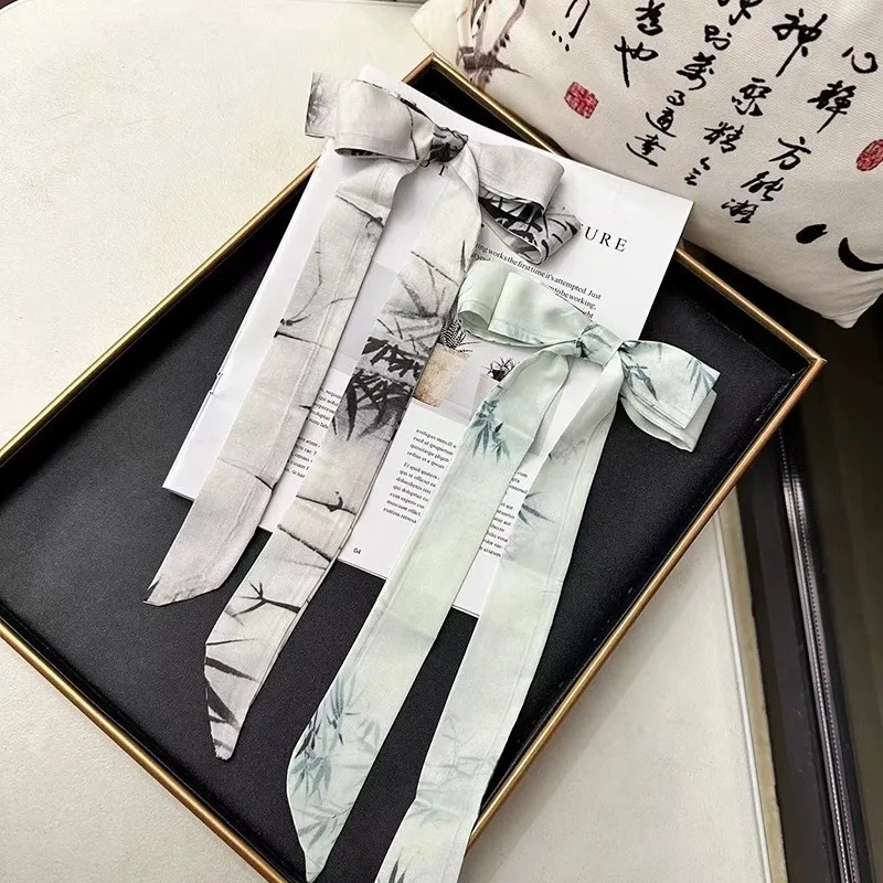 Chinese Style Ink Painting Bamboo Hair Band Hanfu Decor Hair Ribbon Long Scarf Versatile Hair Accessory for Women Wear