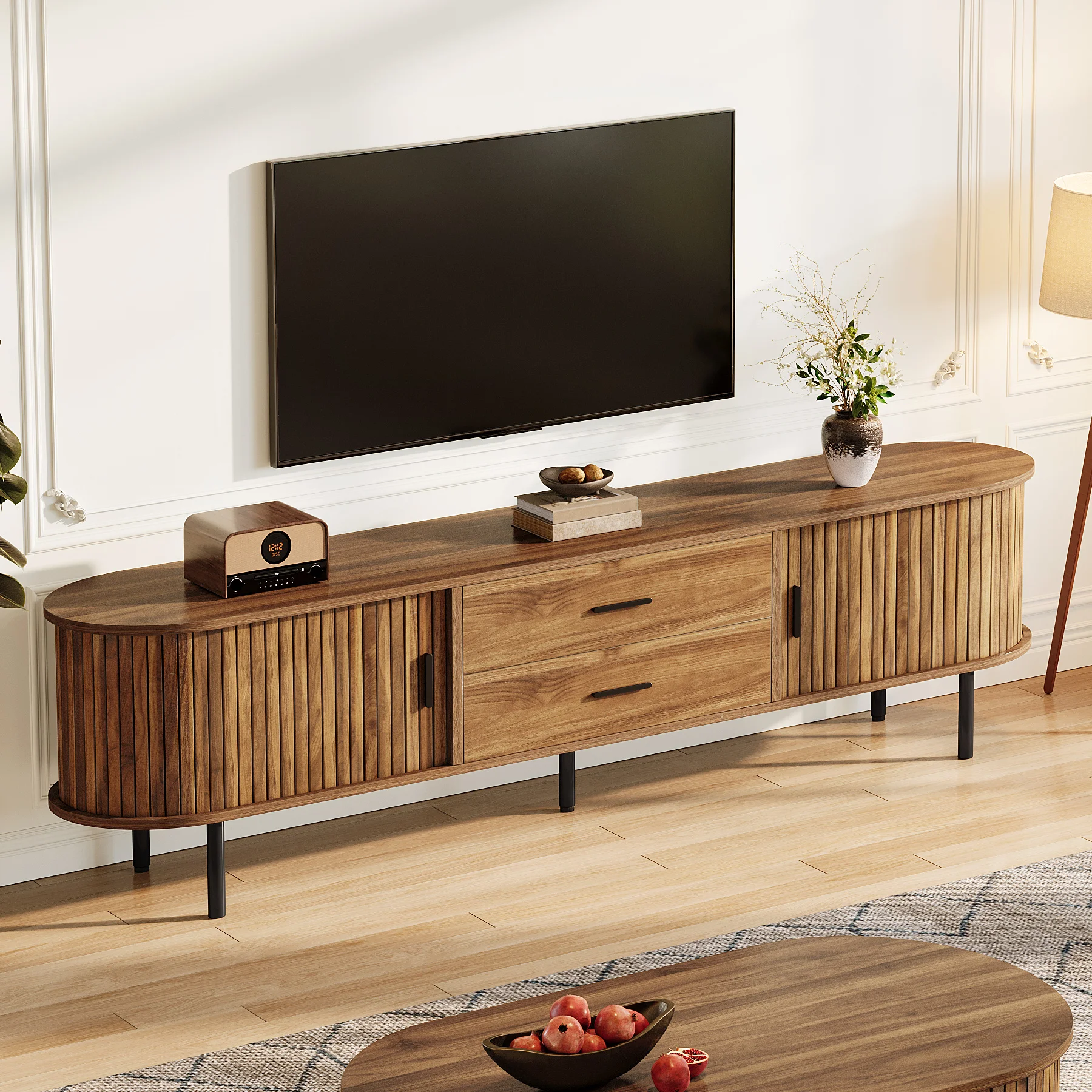 Tribesigns 70" Mid-Century Modern TV Stand with Sliding Tambour Door, Drawers and Adjustable Shelves, Long Fluted Entertainment